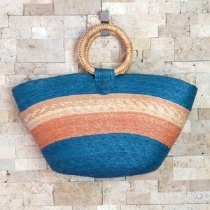 Beach Straw Large Tote Bag Mexican Handbag Blue & Cream